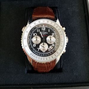 Rotary Chronospeed Black and Silver Watch with Brown Leather Strap